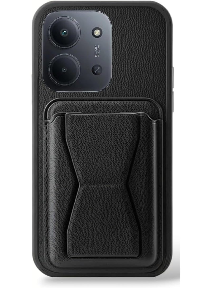 جراب جلدي متوافق مع هاتف Redmi 15C، مقاوم للصدمات، مزود بجيب خلفي من الجلد لتخزين البطاقات وحامل مدمج، مصنوع من جلد البولي يوريثان لمظهر أنيق وقبضة مريحة (أسود).